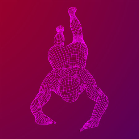 Woman human body jumping diving. Human anatomy action pose. Wireframe low poly mesh vector illustrationのイラスト素材