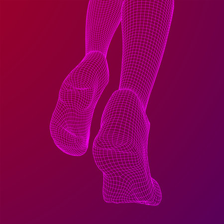 Running legs with sport shoes go. Human foot action pose. Wireframe low poly mesh vector illustrationのイラスト素材