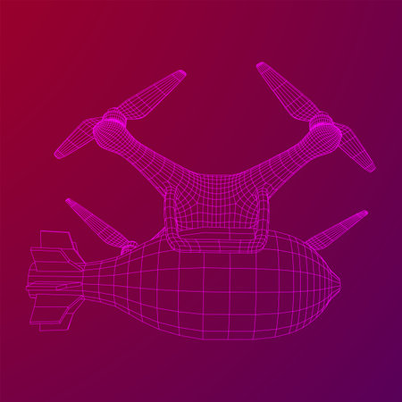Military Combat Bomber Drone unmanned aerial vehicle UAV With Bomb. Wireframe low poly mesh vector illustration.のイラスト素材