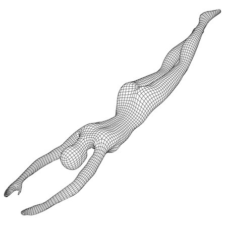 Woman human body jumping diving. Human anatomy action pose. Wireframe low poly mesh vector illustrationのイラスト素材
