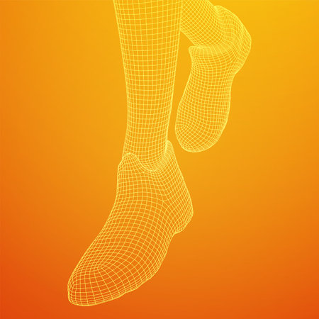 Running legs with sport shoes go. Human foot action pose. Wireframe low poly mesh vector illustrationのイラスト素材