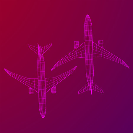 Airplane. Abstract airliner. Travel, tourism, business, transportation concept. Wireframe low poly mesh vector illustrationのイラスト素材