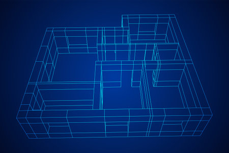 Architecture building. Modern house plan. Wireframe low poly mesh vector illustration.のイラスト素材