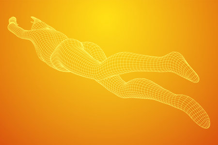 Woman human body jumping diving. Human anatomy action pose. Wireframe low poly mesh vector illustrationのイラスト素材