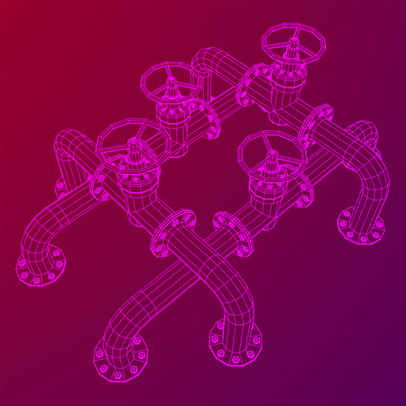 Oil pipeline with valve. Petrol production. Petroleum fuel industry transportation line. Wireframe low poly mesh vector illustrationのイラスト素材