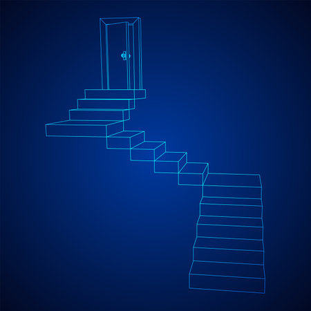 Stairway path to open door. Steps leading into the future concept. Wireframe low poly mesh vector illustrationのイラスト素材