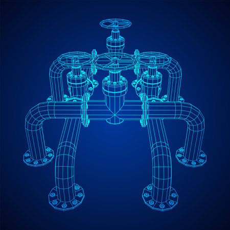 Oil pipeline with valve. Petrol production. Petroleum fuel industry transportation line. Wireframe low poly mesh vector illustrationのイラスト素材