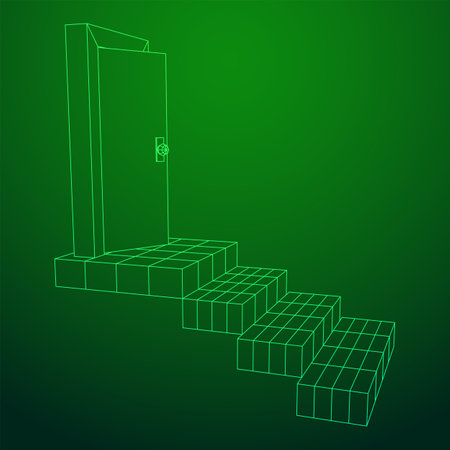 Stairway path to open door. Steps leading into the future concept. Wireframe low poly mesh vector illustrationのイラスト素材