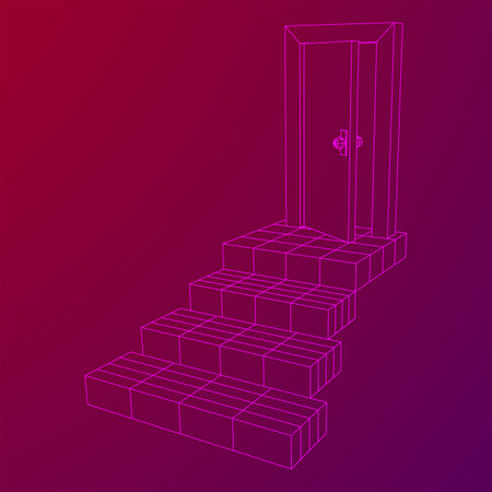 Stairway path to open door. Steps leading into the future concept. Wireframe low poly mesh vector illustrationのイラスト素材