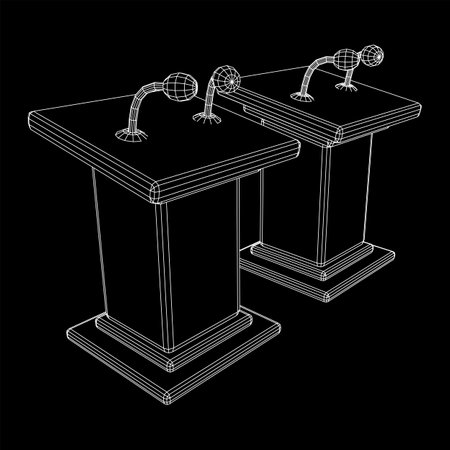 Speaker Podium Rostrum. Tribune Stand with Microphones. Debate, press conference concept. Wireframe low poly mesh vector illustrationのイラスト素材