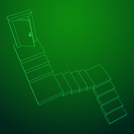 Stairway path to open door. Steps leading into the future concept. Wireframe low poly mesh vector illustrationのイラスト素材