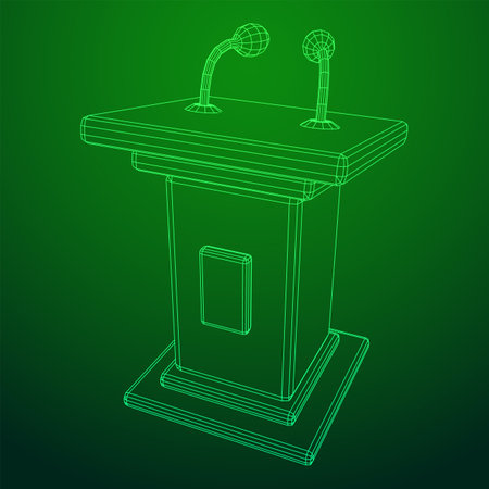 Speaker Podium Rostrum. Tribune Stand with Microphones. Debate, press conference concept. Wireframe low poly mesh vector illustrationのイラスト素材