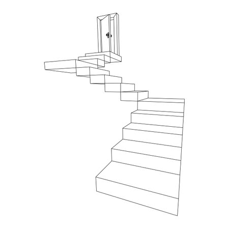 Stairway path to open door. Steps leading into the future concept. Wireframe low poly mesh vector illustrationのイラスト素材