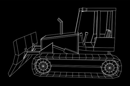 Big front-end loader bulldozer. Heavy equipment machine and manufacturing equipment for mining. Wireframe low poly mesh vector illustration.のイラスト素材