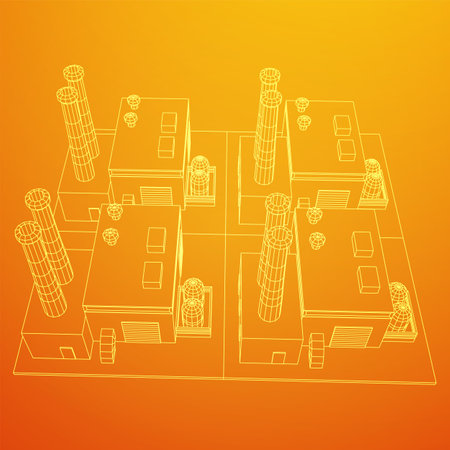 Industrial factory. Plant or Factory Building. Manufacturing building. Wireframe low poly mesh vector illustration.のイラスト素材