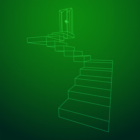 Stairway path to open door. Steps leading into the future concept. Wireframe low poly mesh vector illustrationのイラスト素材