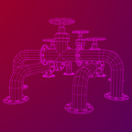 Oil pipeline with valve. Petrol production. Petroleum fuel industry transportation line. Wireframe low poly mesh vector illustrationのイラスト素材