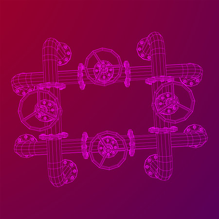Oil pipeline with valve. Petrol production. Petroleum fuel industry transportation line. Wireframe low poly mesh vector illustrationのイラスト素材