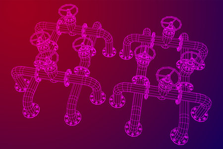 Oil pipeline with valve. Petrol production. Petroleum fuel industry transportation line. Wireframe low poly mesh vector illustrationのイラスト素材