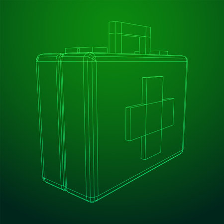Suitcase of medical aid. Med kit symbol of emergency assistance with cross first aid equipment and treatment. Wireframe low poly mesh vector illustrationのイラスト素材