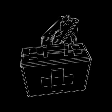 Suitcase of medical aid. Med kit symbol of emergency assistance with cross first aid equipment and treatment. Wireframe low poly mesh vector illustrationのイラスト素材