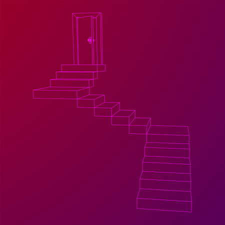 Stairway path to open door. Steps leading into the future concept. Wireframe low poly mesh vector illustrationのイラスト素材