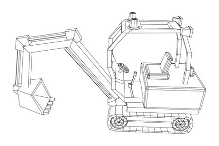 Heavy equipment excavator machine manufacturing power equipment for open pit mining. Wireframe low poly mesh vector illustrationのイラスト素材