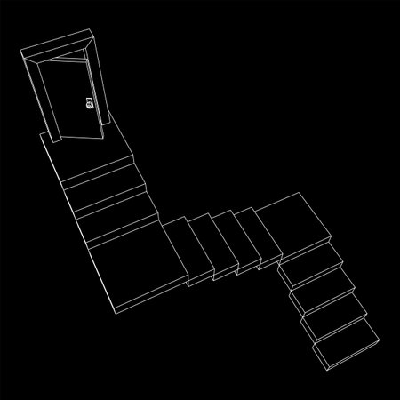Stairway path to open door. Steps leading into the future concept. Wireframe low poly mesh vector illustrationのイラスト素材