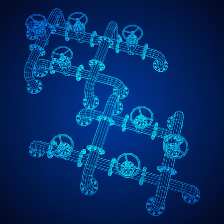 Oil pipeline with valve. Petrol production. Petroleum fuel industry transportation line. Wireframe low poly mesh vector illustrationのイラスト素材