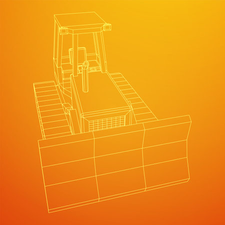 Big front-end loader bulldozer. Heavy equipment machine and manufacturing equipment for mining. Wireframe low poly mesh vector illustration.のイラスト素材