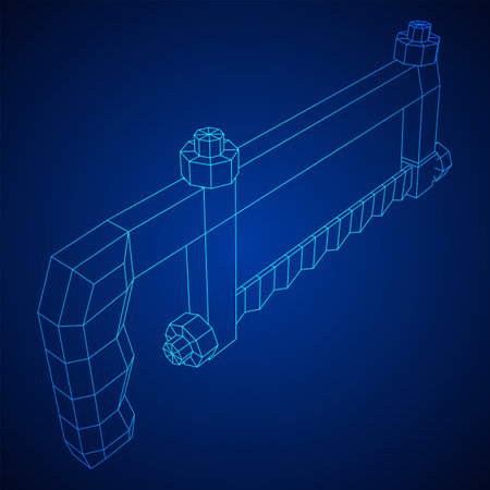 Hacksaw manual or Hand hacksaw. Wireframe low poly mesh vector illustrationのイラスト素材