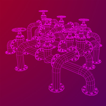 Oil pipeline with valve. Petrol production. Petroleum fuel industry transportation line. Wireframe low poly mesh vector illustrationのイラスト素材