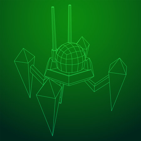 Spider robot with radar antenna. Nanobot, nanotechnology medical concept. Wireframe low poly mesh vector illustrationのイラスト素材