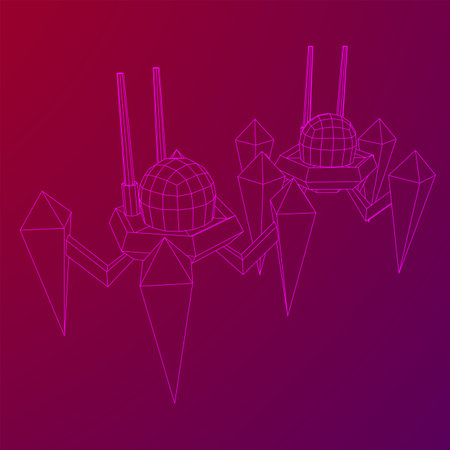 Spider robot with radar antenna. Nanobot, nanotechnology medical concept. Wireframe low poly mesh vector illustrationのイラスト素材