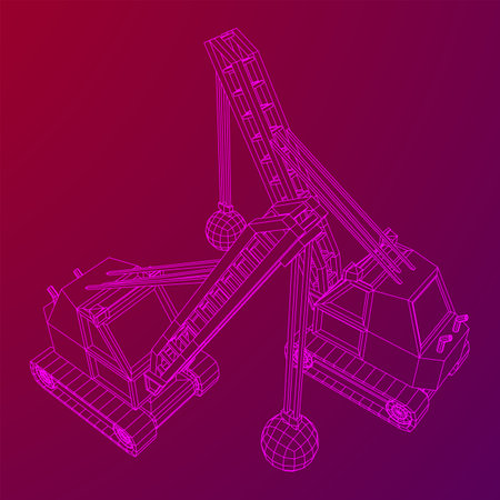 Wrecking ball excavator, demolition crane machine. Wireframe low poly mesh vector illustrationのイラスト素材