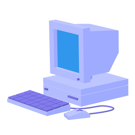 Retro purple computer with monitor mouse and keyboard. Business concept. 3d render illustration.