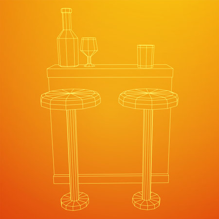 Bar counter with stools, bar top with bottles and glasses. Wireframe low poly mesh vector illustration.のイラスト素材
