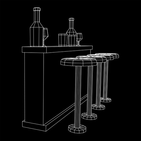 Bar counter with stools, bar top with bottles and glasses. Wireframe low poly mesh vector illustration.のイラスト素材