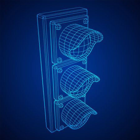 Traffic light with three lights. Wireframe low poly mesh vector illustration.