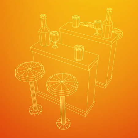 Bar counter with stools, bar top with bottles and glasses. Wireframe low poly mesh vector illustration.のイラスト素材