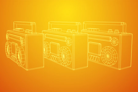 Retro Boombox outdated portable cassette tape recorder. Wireframe low poly mesh vector illustration.