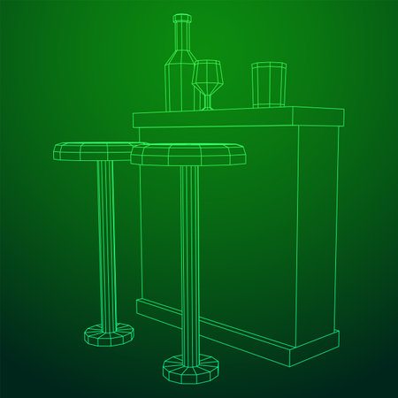 Bar counter with stools, bar top with bottles and glasses. Wireframe low poly mesh vector illustration.のイラスト素材