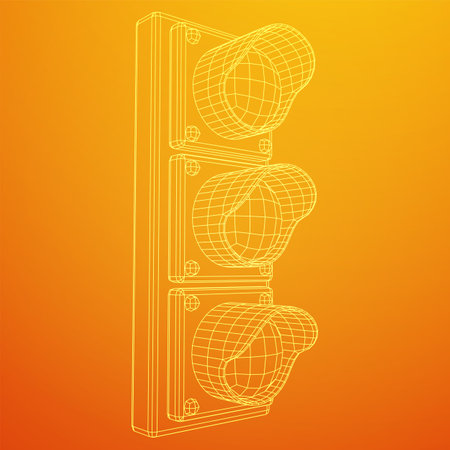Traffic light with three lights. Wireframe low poly mesh vector illustration.のイラスト素材