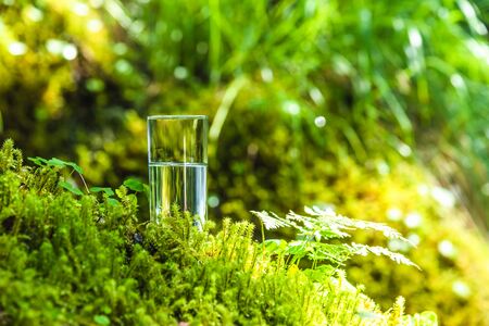 Natural water in a glass, against the background of nature and a mountain river, the concept of proper nutritionの写真素材