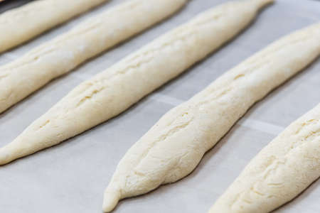 Making craft bread at the bakery. Close-up of a baker and bread, blurred background