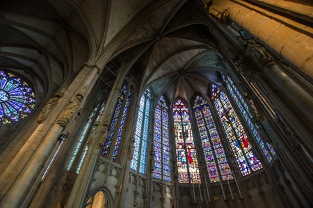 Majestic Carcassone cathedral interiors in sun light. Lanquedoc, France.のeditorial素材