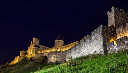 Carcassone medieval castle night view. Languedoc, France.のeditorial素材