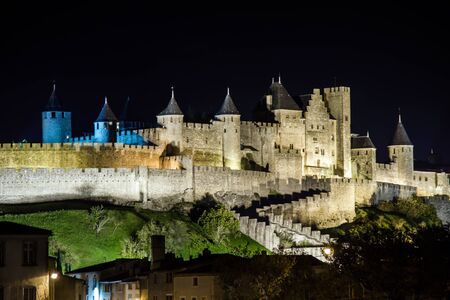 Carcassone medieval castle night view. Languedoc, France.のeditorial素材
