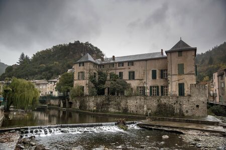 Small medieval castle in Lunas, France. Rainy day.のeditorial素材
