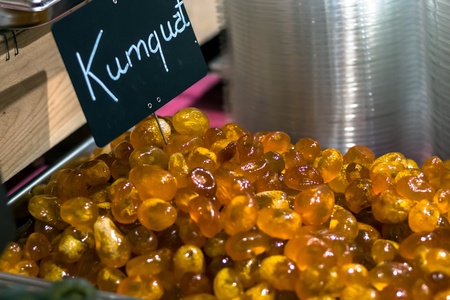 Sweet kumquat in confectionary shop. Carcassonne, France.の写真素材